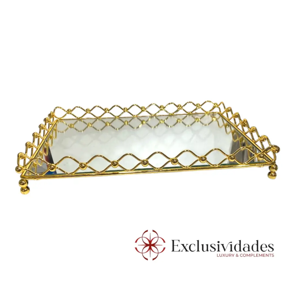 BANDEJA DORADA METALICA CROMADA CON BASE DE ESPEJO, 40X30X5CM