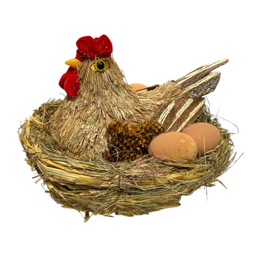 GALLINA DECOR DE PAJA CON NIDO/HUEVOS 28X25X20CM
