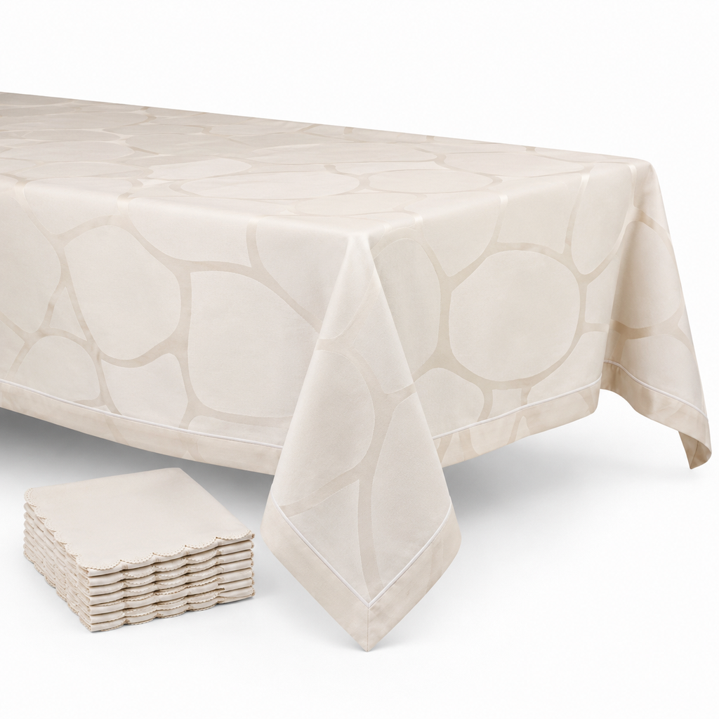 Mantel de 8 puestos diseño ondas beige 260x180cm, incluye 8 servilletas