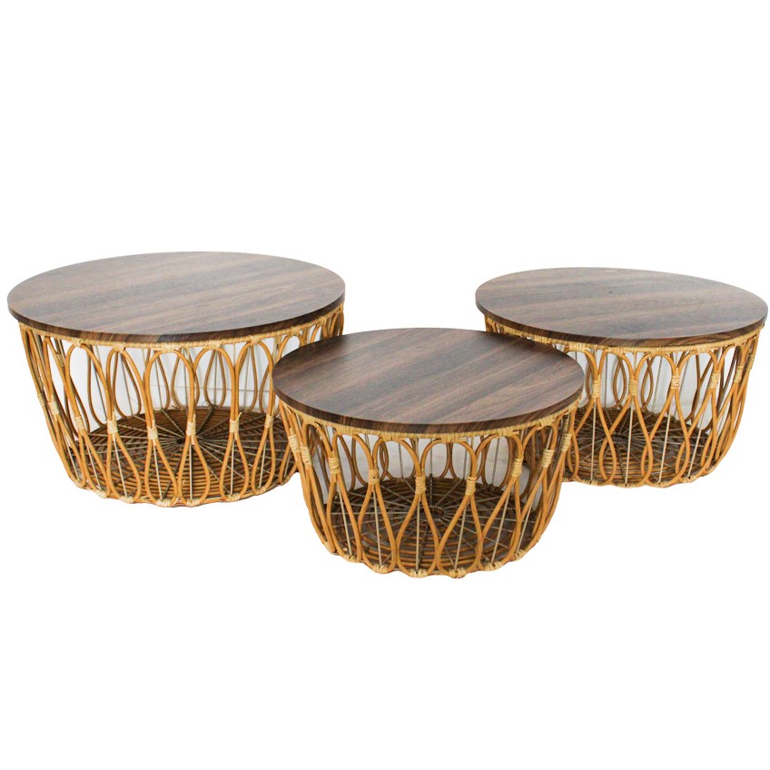 SET DE 3 MESAS TEJIDO NATURAL CON TAPA MADERA Y ESTRUCTURA DE HIERRO REF:PT151-038 55X28CM, 60X30CM, 65X33CM  