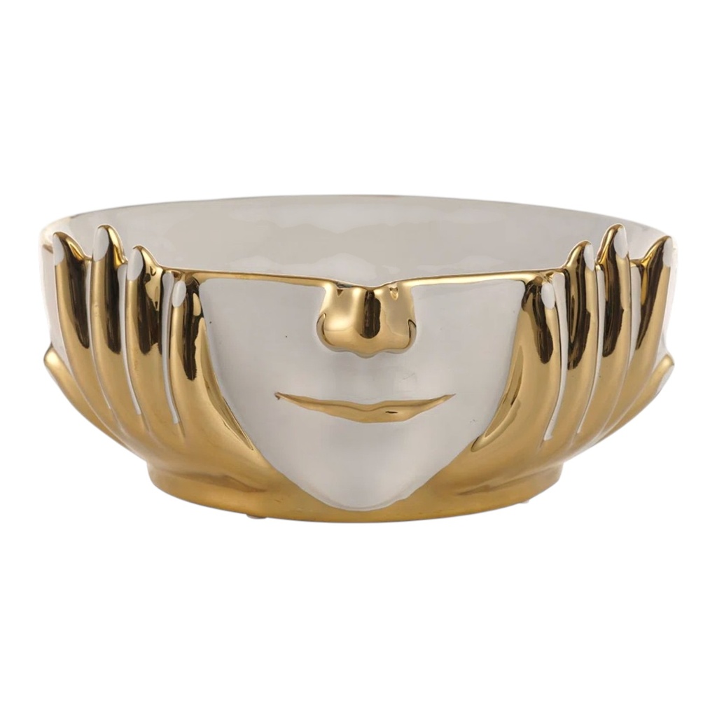 BANDEJA CENTRO DE MESA PORCELANA DORADO/BLANCO ROSTRO 24X25X11CM