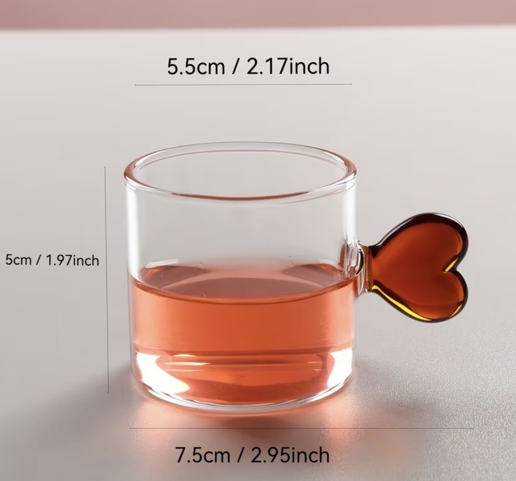 SET DE 6 TAZAS DE CRISTAL CON AGARRADERA DE CORAZON 100ML 5X8.5CM