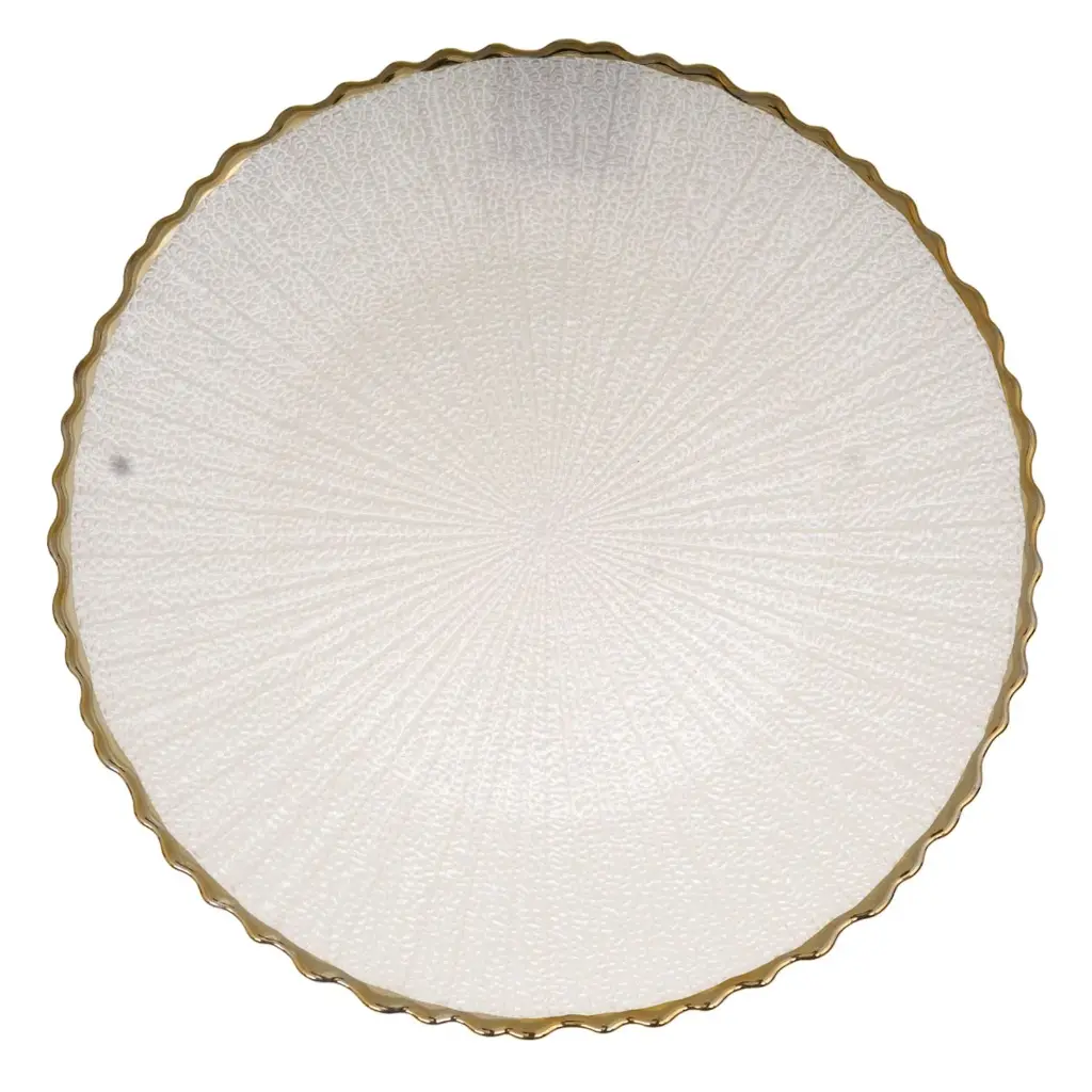 PLATO BASE DE VIDRIO BLANCO PERLADO FILO DORADO REF:HM1708/V257014 32CM