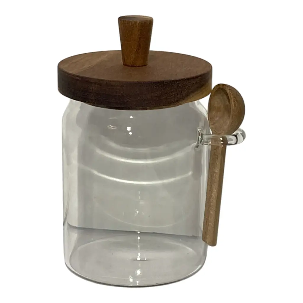 ENVASE DE VIDRIO MEDIANO CON TAPA DE MADERA Y CUCHARA Ø9X16CM