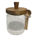 ENVASE DE VIDRIO PEQUEÑO CON TAPA DE MADERA Y CUCHARA Ø9X14CM 