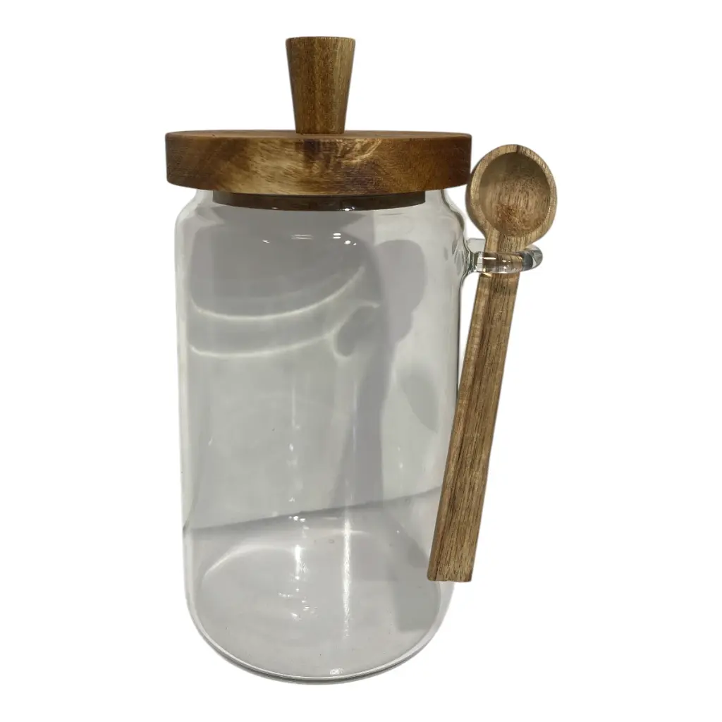 ENVASE DE VIDRIO GRANDE CON TAPA DE MADERA Y CUCHARA Ø9X18CM  
