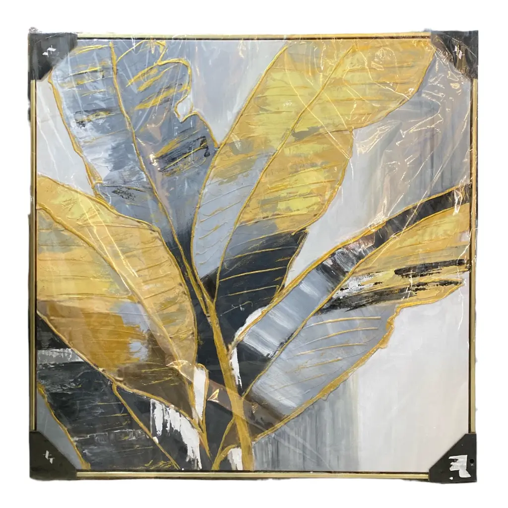 CUADRO LIENZO OLEO HOJA DE BANANO MARCO DORADO 80X80CM