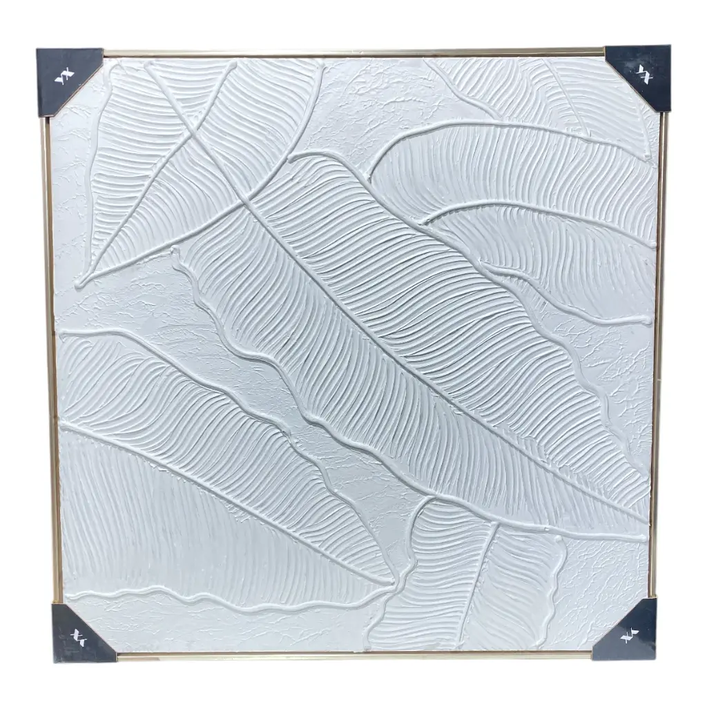 CUADRO LIENZO OLEO HOJAS BLANCAS MARCO CHAMPAGNE 80X80CM 