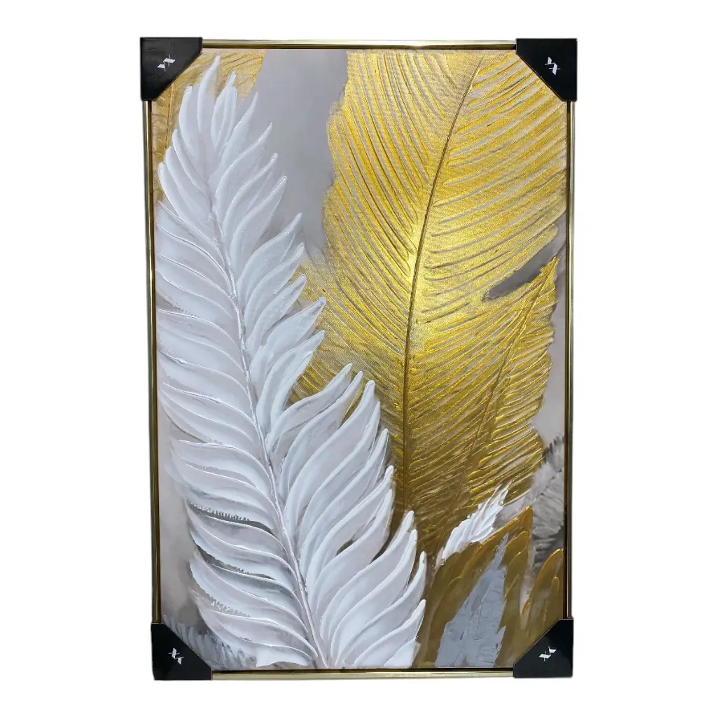 CUADRO AL OLEO  PLUMAS DORADO/BLANCO C/MARCO FILO DORADO 60X90CM 