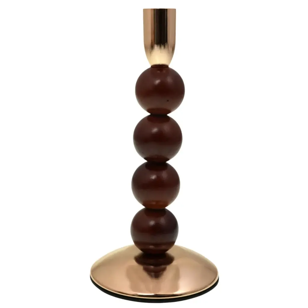 CANDELABRO METALICOS BASES DE ESFERAS MADERA REF:ES28762 10X21CM