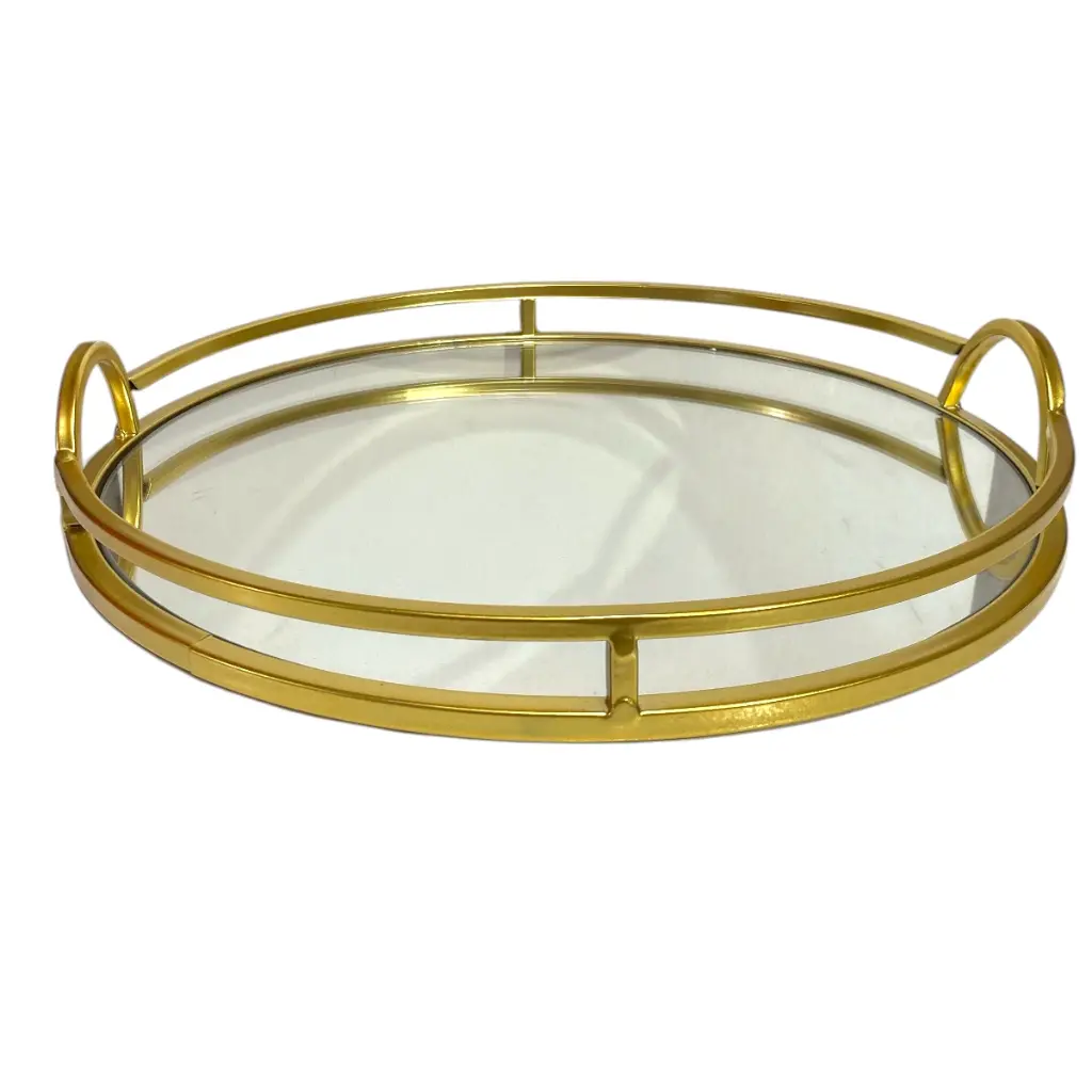 BANDEJA DORADA METALICA CON BASE DE ESPEJO 38CM DIAMETRO Y 6.5 ALTO.