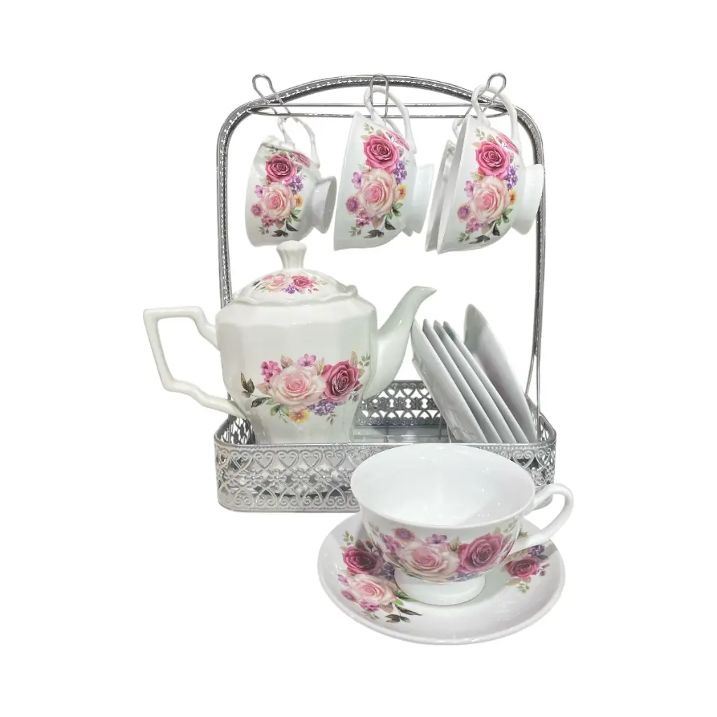 SET DE TAZAS/PLATO Y TETERA DE CERAMICA 14PCS. 27X18X32CM TETERA 1200ML, TAZA 220ML