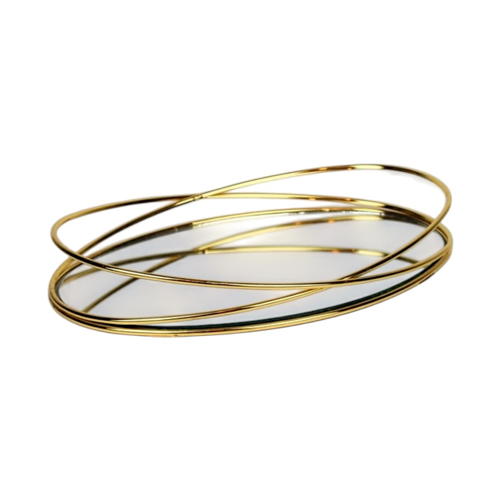 BANDEJA DE HIERRO DORADA CON BASE DE VIDRIO 32X22CM