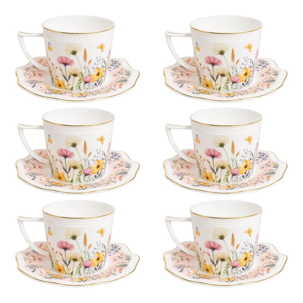 JUEGO DE 6 TAZAS CON PLATO GARDEN ROSA CERAMICA X12PCS. 200ML