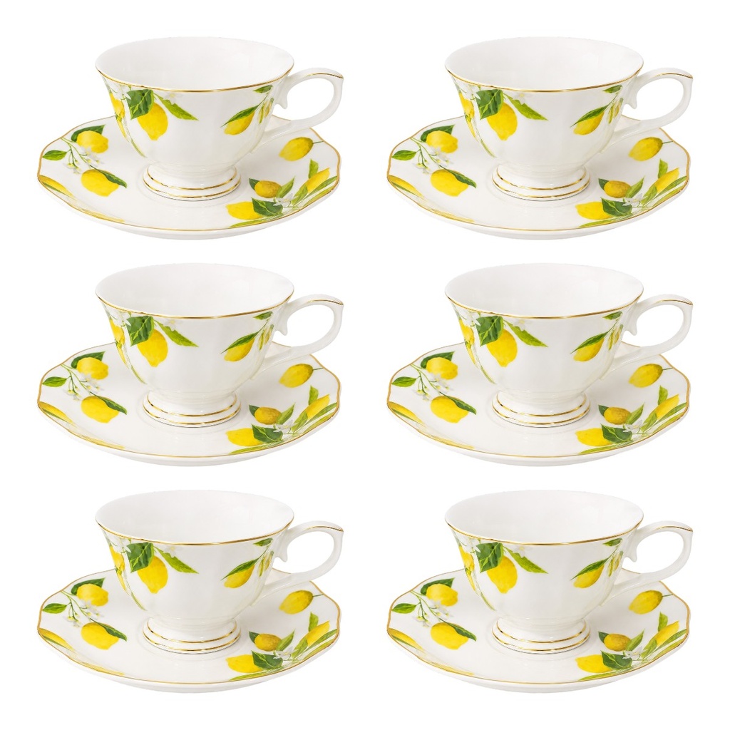JUEGO DE 6 TAZAS CON PLATO DISEÑO LIMON FILO DORADO CERÁMICA X12PCS. 220ML