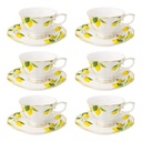 JUEGO DE 6 TAZAS CON PLATO DISEÑO LIMON FILO DORADO CERÁMICA X12PCS. 220ML