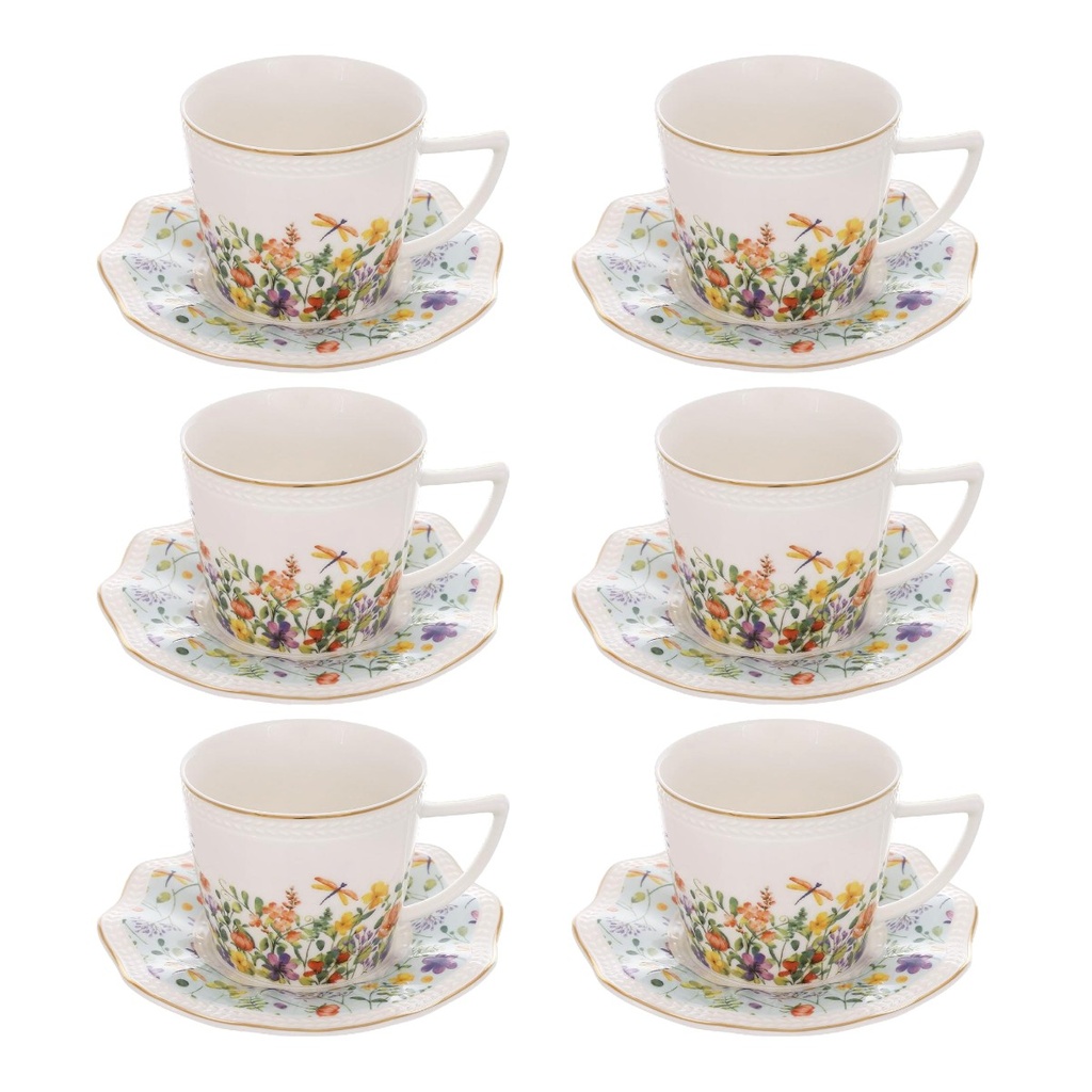JUEGO DE 6 TAZAS CON PLATO GARDEN CELESTE CERAMICA X12PCS. 200ML
