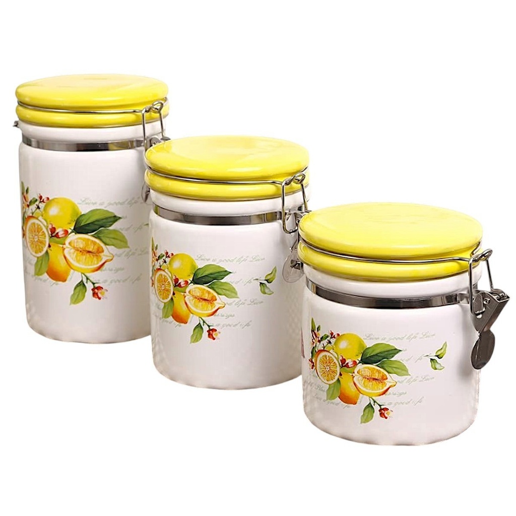 SET DE 3 FRASCOS DE CERAMICA CON DISEÑO DE LIMON 11X17.5CM, 11X14.5CM, 11X12CM