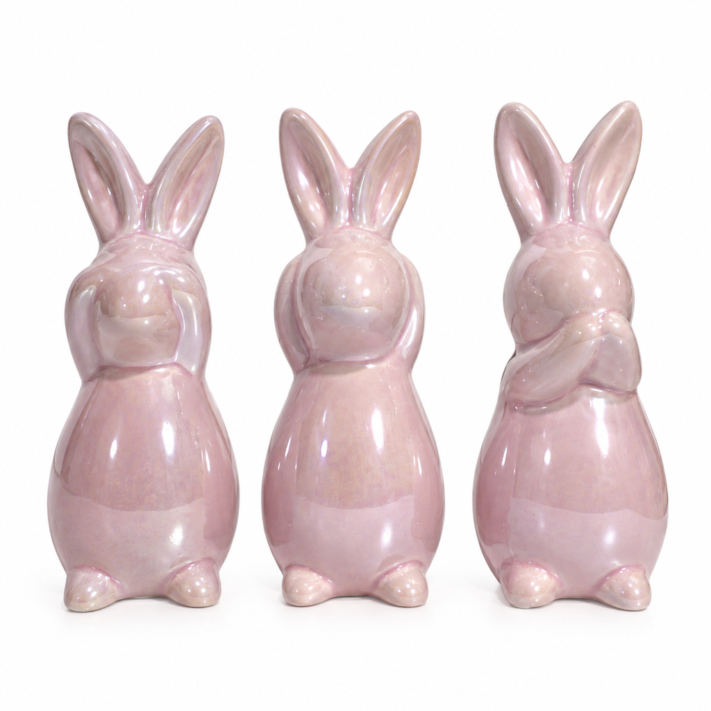 Conejos de cerámica La Prudencia, 3pzs. 3 tonos, 5x6x12cm.