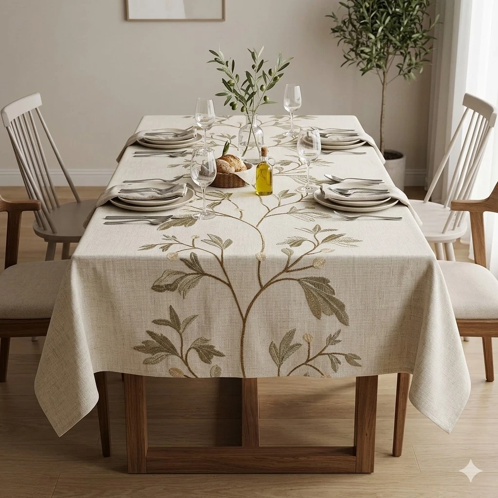 Mantel de Tela Ramas Bordadas cafe, 150x300cm