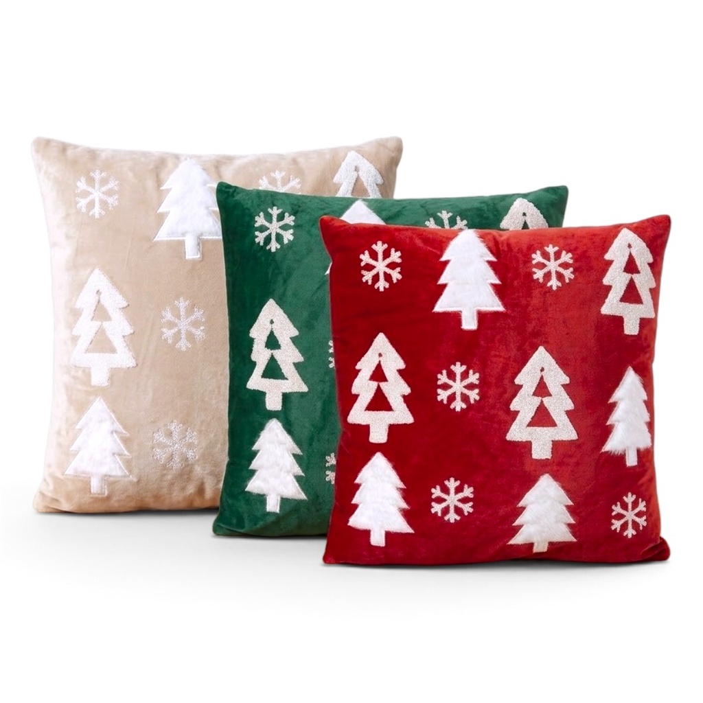 Cojín navideño con diseño de árboles y copos de nieve afelpados. 3 colores 45x45cm