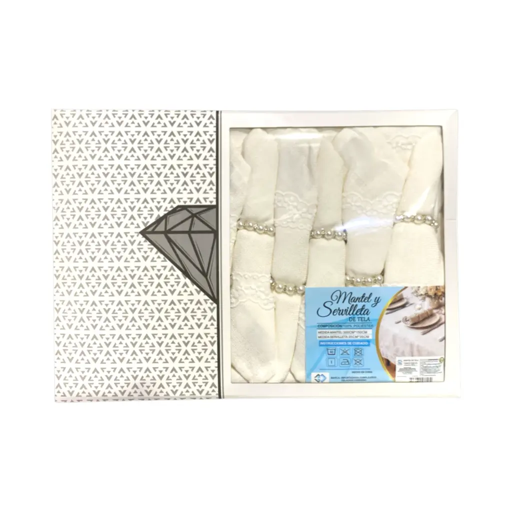 Mantel de Tela Beige Bordado con 12 Servilletas y aros. 300cmx150cm y servilleta 35x35cm