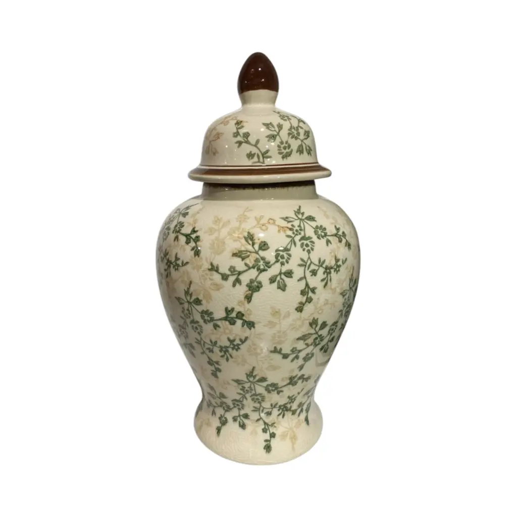 Jarrón Tibor de Cerámica Beige/Verde Musgo. Ø22cm x 40cm 