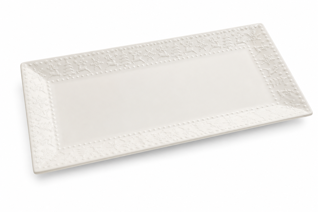 Bandeja de cerámica rectangular blanca renos/arboles. Ref:IC1362-66. (35x16x2.5cm)