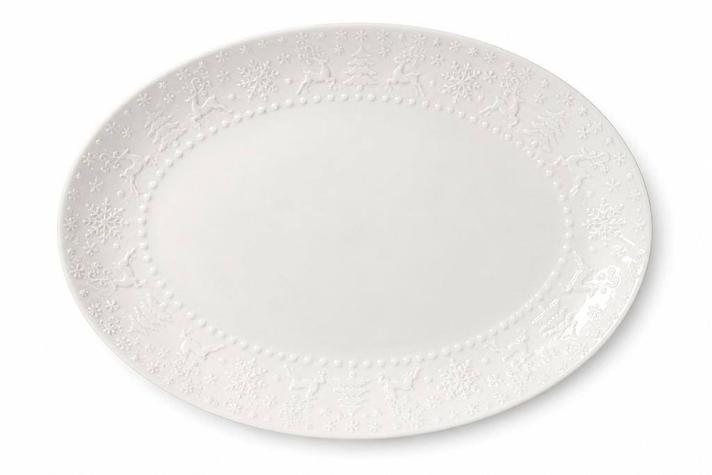 Bandeja de cerámica ovalada blanca con renos y árboles. Ref:IC1365-65 (31x22x3.5cm)