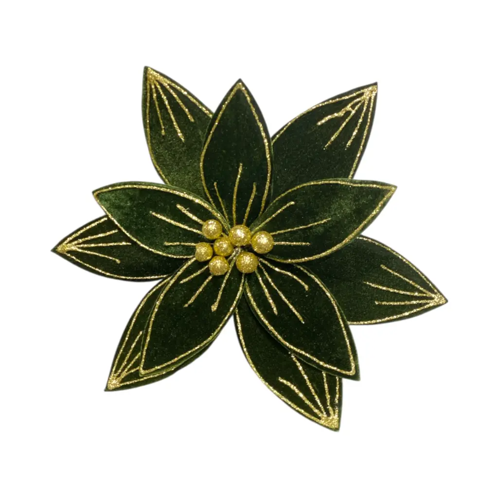 Flor navideña verde terciopelo con detalles dorados. Ref:FD-5657 (30x29Cm)