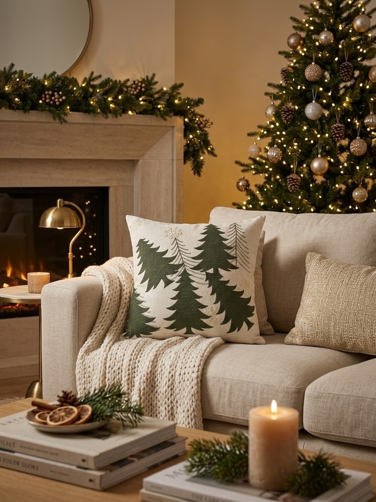 Cojin Navideño beige c/pinos verdes Ref:153523 45x45cm