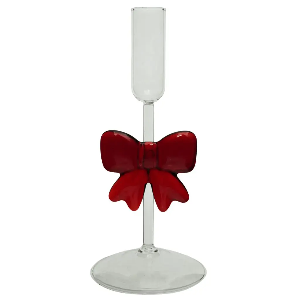Candelabro de vidrio con lazo rojo. Ref:ES29187 (9x25cm)