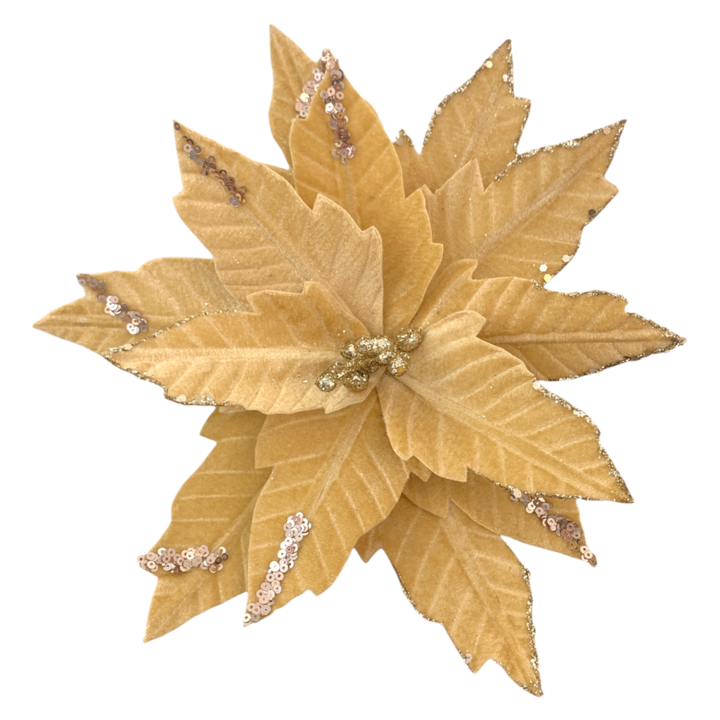 Flor navideña dorada terciopelo, 28cm. Ref: LG-23115