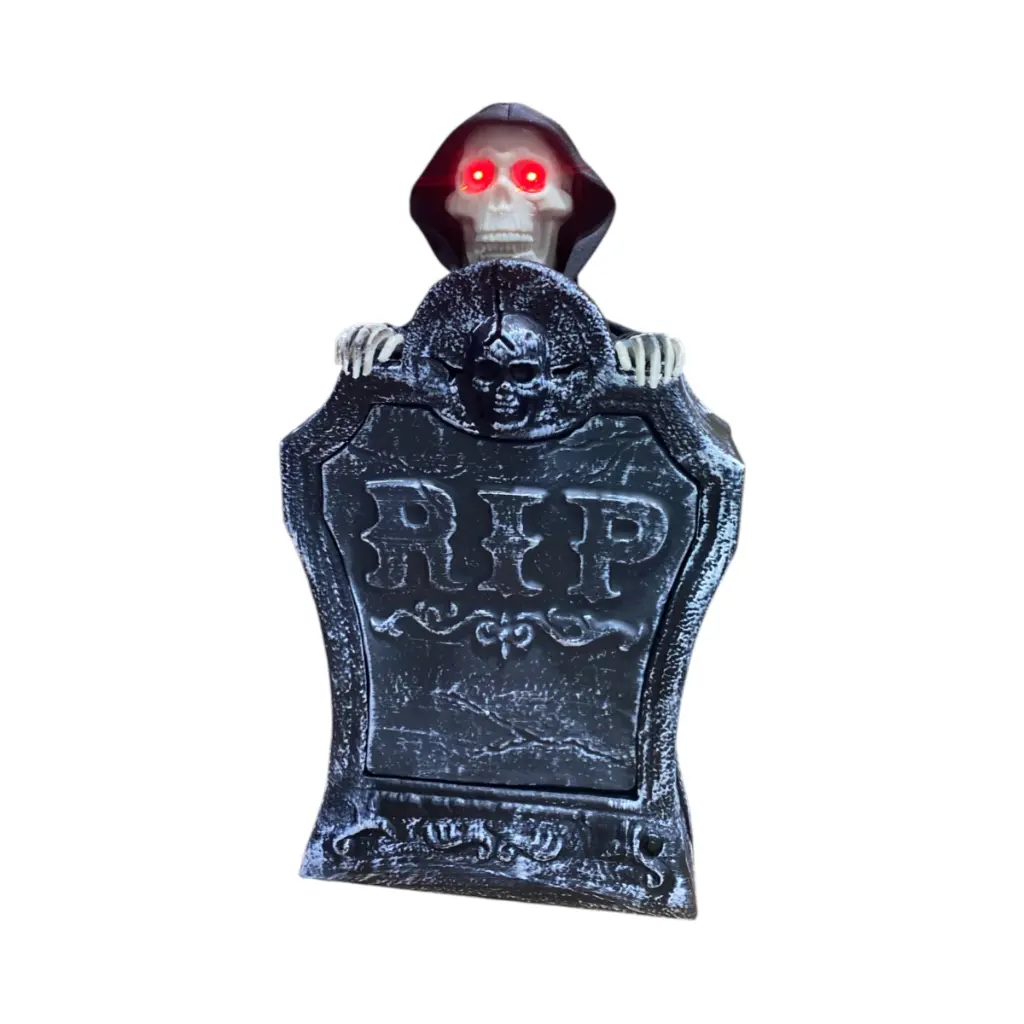 Fantasma en lapida Halloween con movimiento, luz y sonido. 3 AA BT. Ref:ES30139. 25x9x49cm
