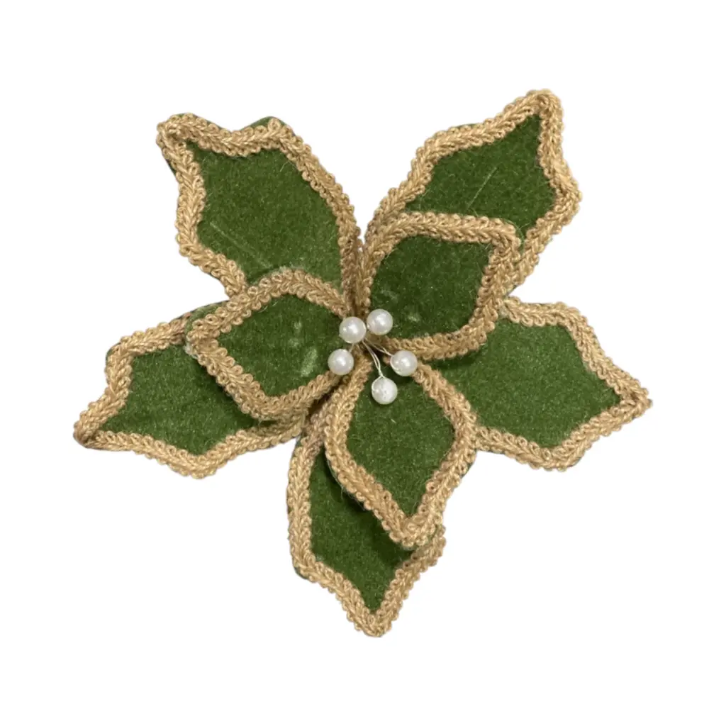 Flor Navideña Terciopelo Verde Musgo, Filos Yute. Ø28cmx28cm. Ref:ES30406