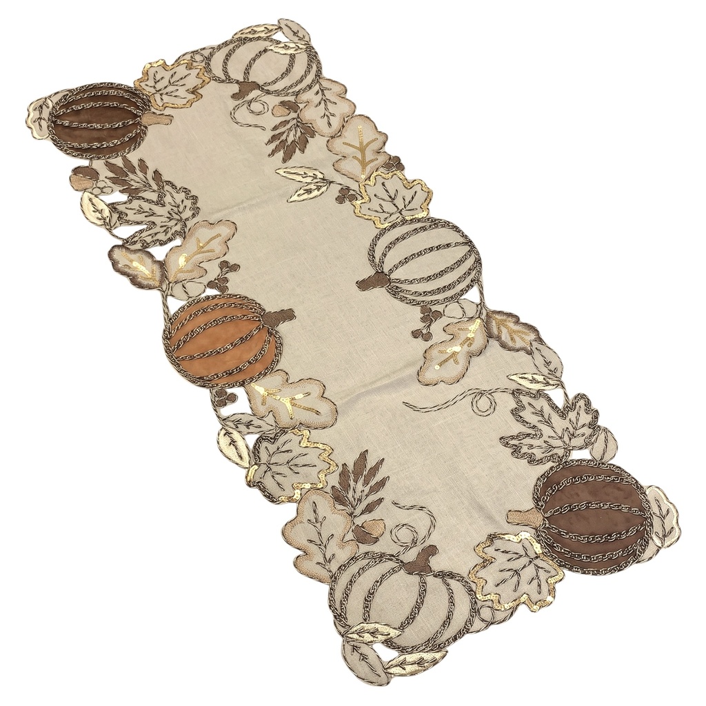 Camino de mesa con calabazas y hojas de otoño bordadas con detalles dorados, 40x90cm.