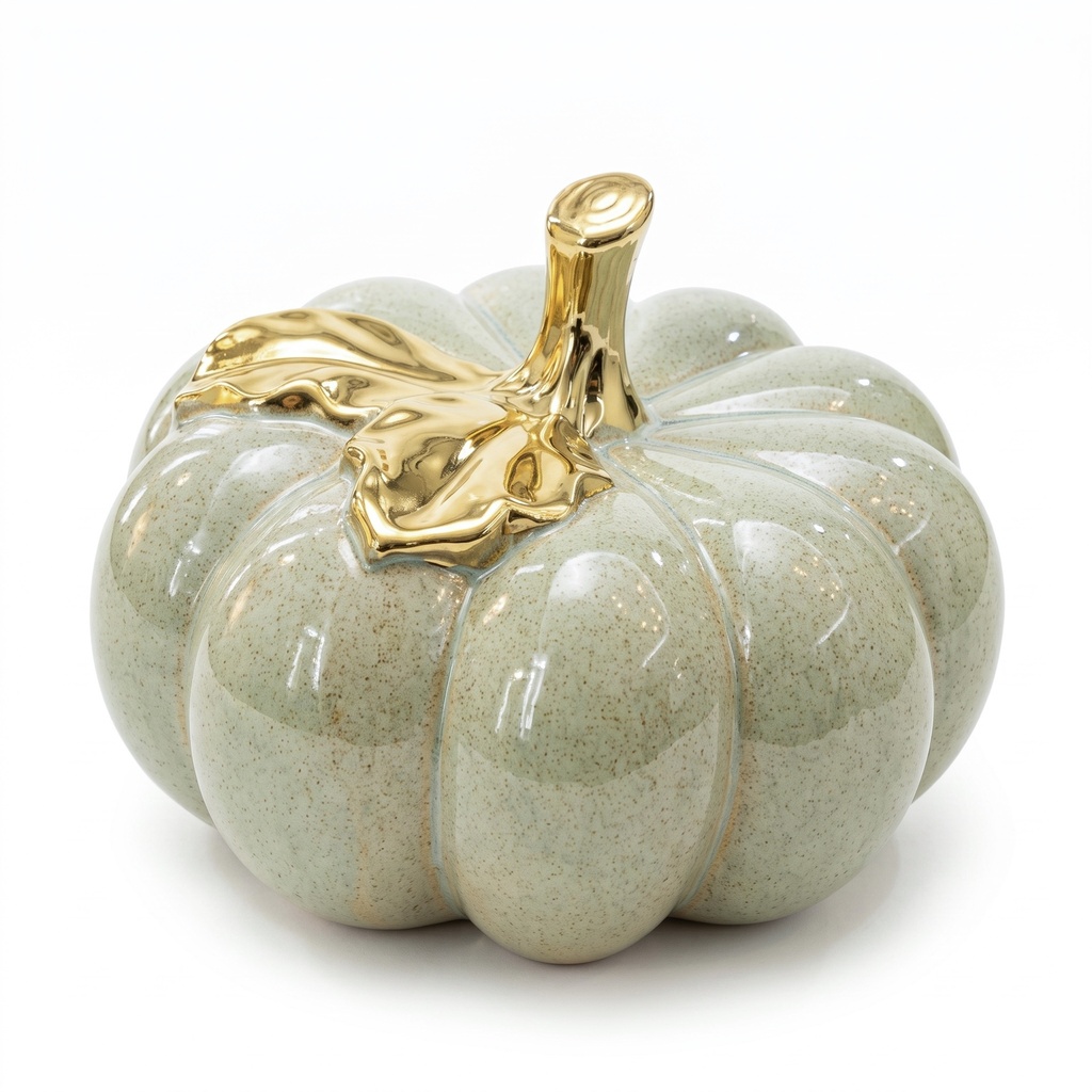 Calabaza de cerámica, tono verde grisáceo con hojas doradas. 15x21cm