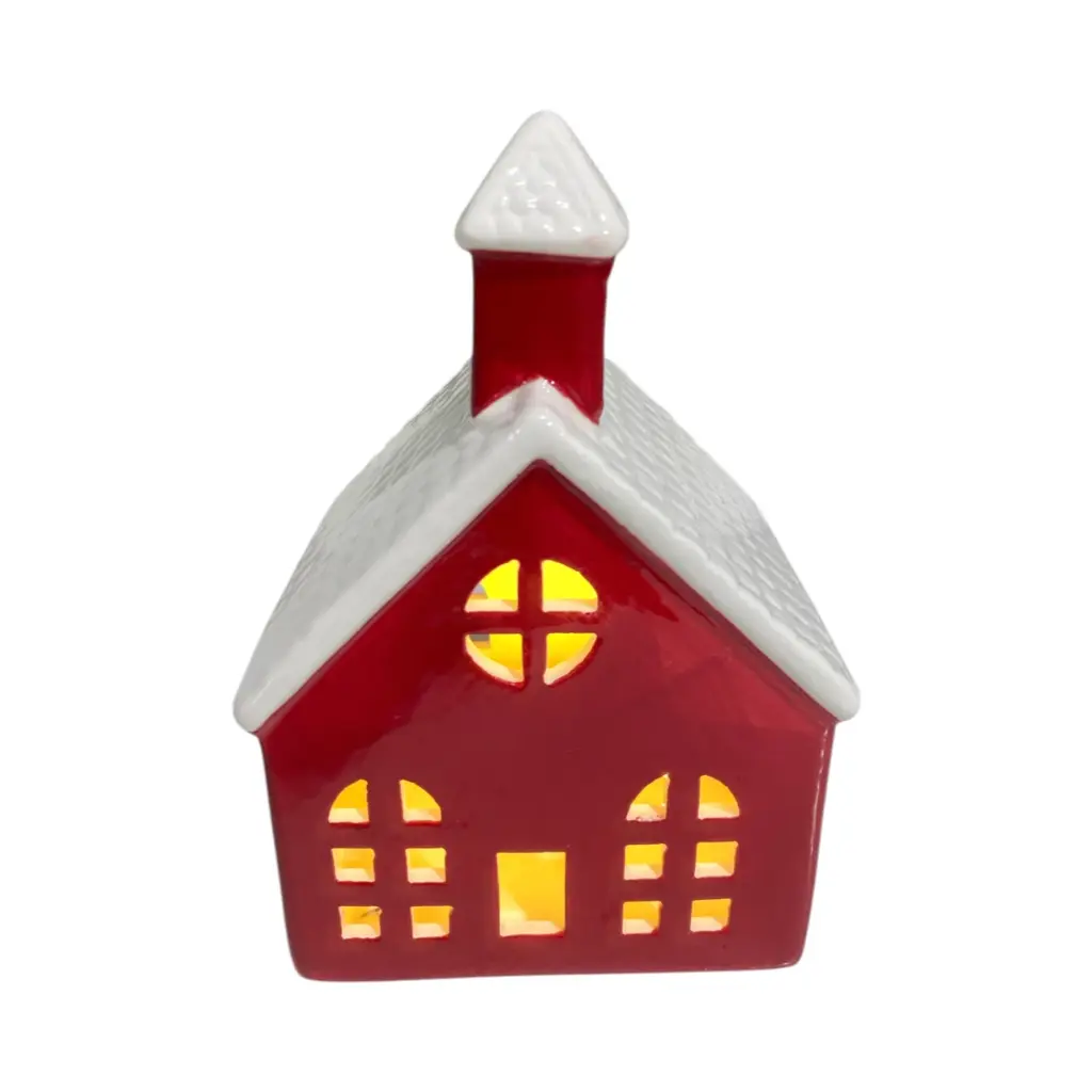 Casa Roja navideña de cerámica con luz led. Ref:SF001 (11x9x17cm)