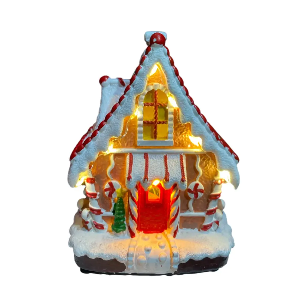 Casa Navideña Candy poliresina, con luz led y musica. USB. Ref:ES29009 (11.5x10x15.5cm)