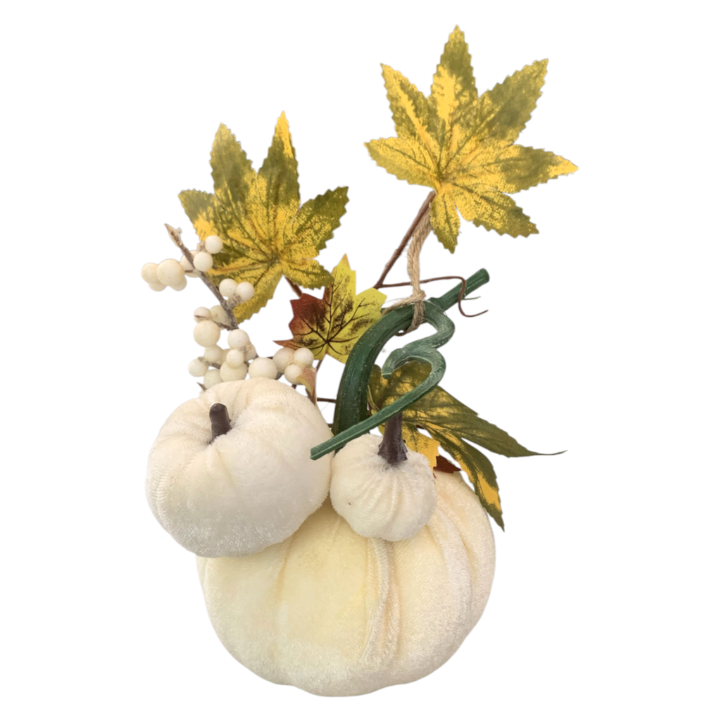 Rama otoñal colgante de calabazas, hojas de arce y bayas blancas. 22cm