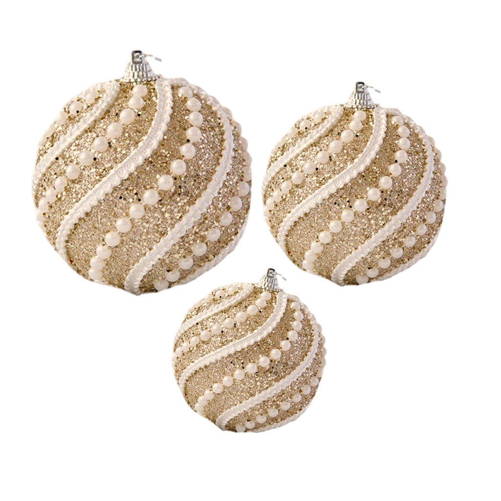 Esfera Navideña champagne con perlas, setx3: Ø8cm, Ø10cm, Ø12cm. Ref:ES30891