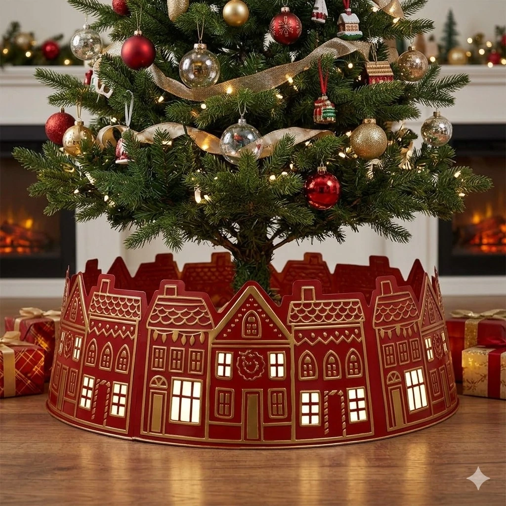Pie de árbol corona de casas, rojo/dorado, metálico.  Ref:ES29254. 66x25cm, Ø66cm