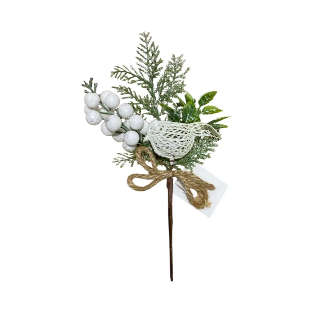 Rama Navideña pajarito blanco con bayas y hojas. 25cm