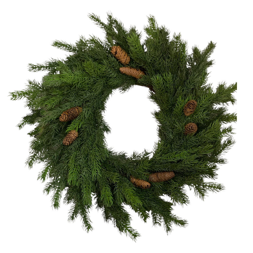 Corona Navideña con ramas de pino y piñas, base de bejuco. Ø65cm