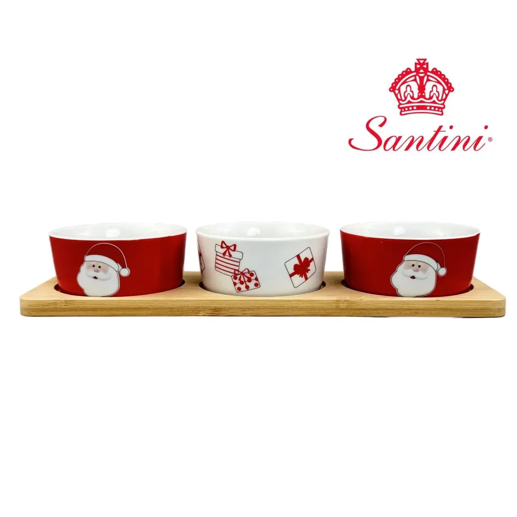Porta salsas navideño cerámica con base de madera bamboo, Ref:180-2000098, 29x9.5x5cm 