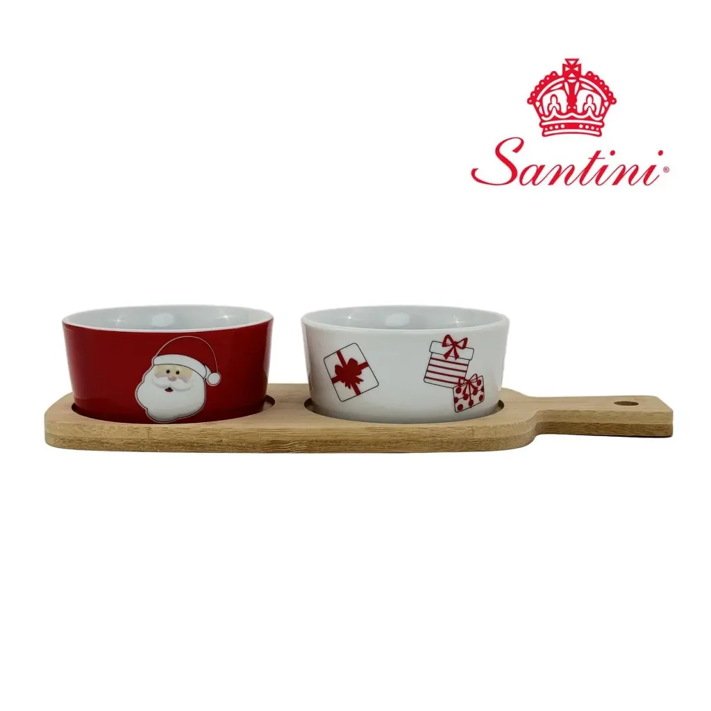 Porta salsas navideño cerámica con base de madera bamboo, Ref:180-2000097, 25x9.5x5cm