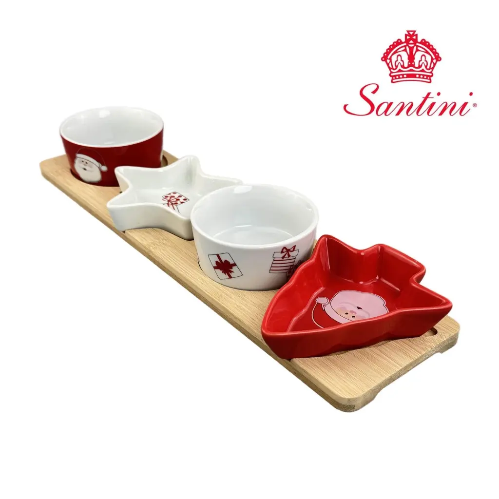 Porta salsas navideño cerámica con base de madera bamboo, Ref:180-2000099, 37x10x5cm 