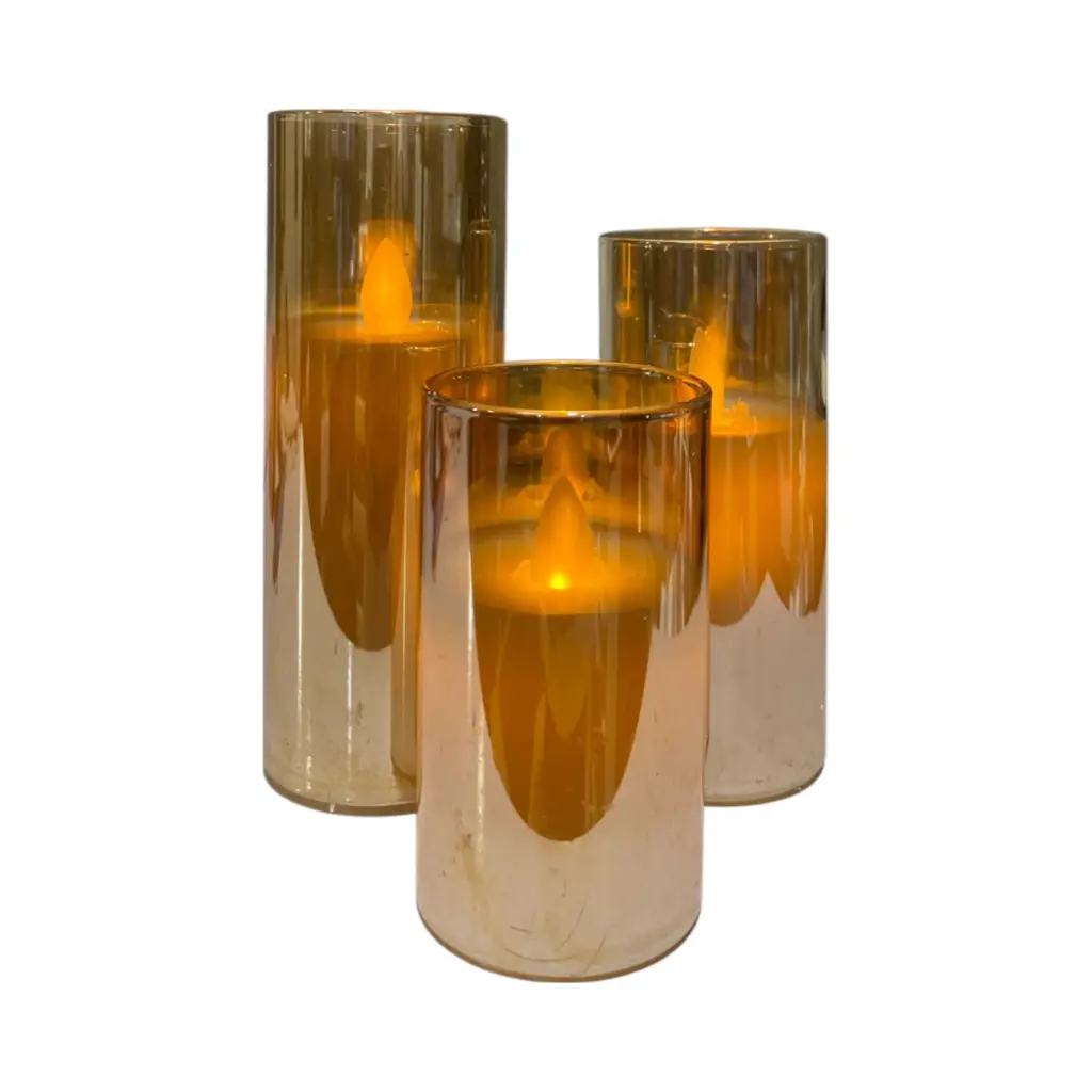 Velas candelabro de vidrio ámbar, led a pilas. Set x 3pcs.  Ø5.5cm x15.5, 13 y 10cm