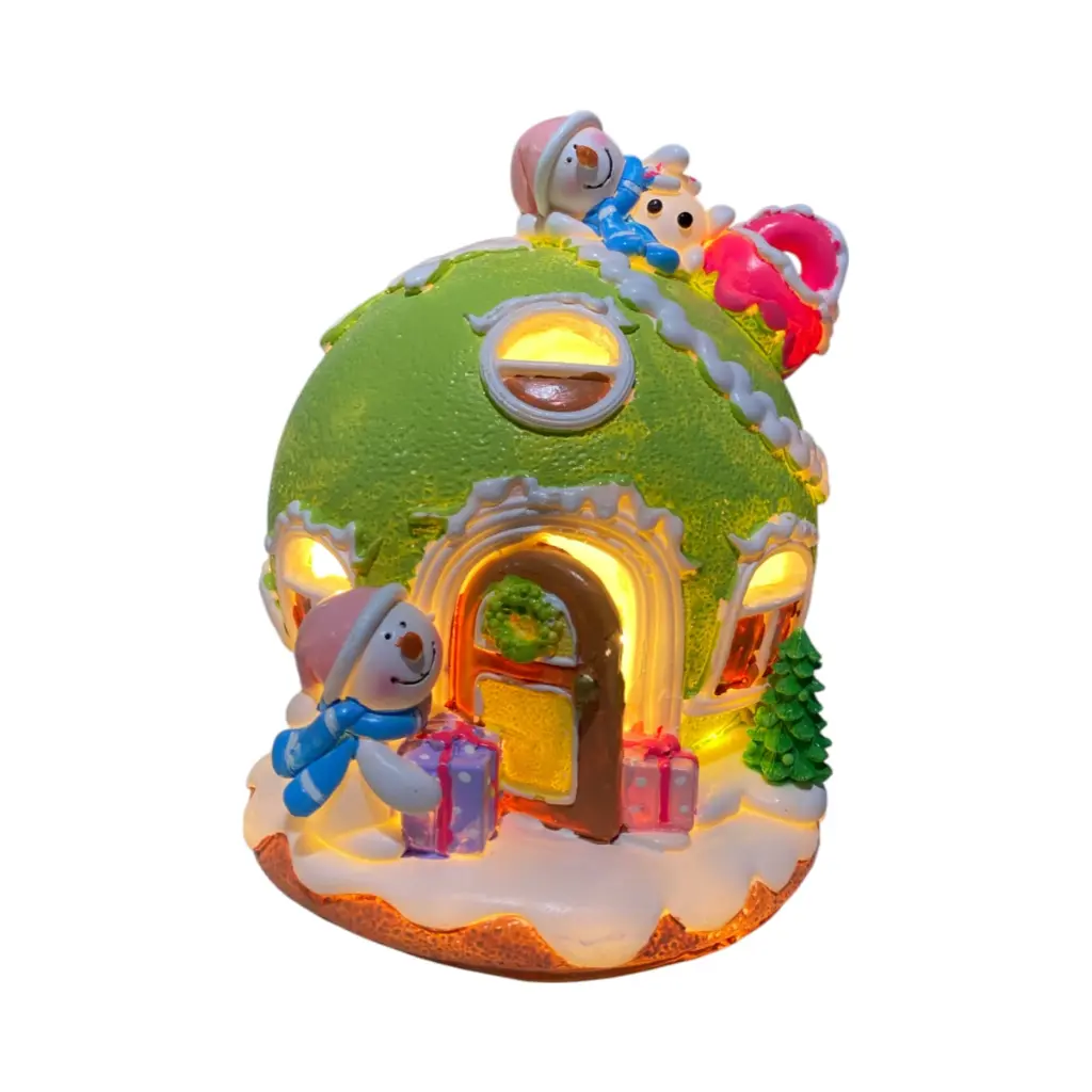 Casa Navideña Bombillo colores pasteles, poliresina, con luz led y musica. 3pilas "AAA". Ø15x18cm