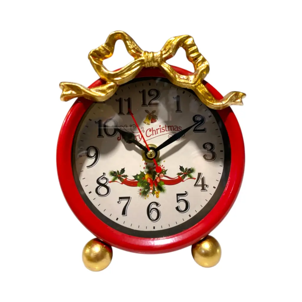 Reloj Navideño Lazo Dorado con Rojo, metálico. 13x7x16cm  